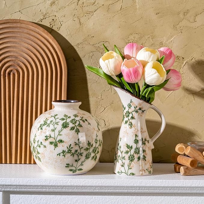 Vintage Ceramic Pitcher Vase with Handle, Farmhouse Green and Beige Large Floral Vases, Chinoiserie Decorative Vase, Rustic Table Centerpiece for Home Decor Living Room, Bookshelf, Office 10.5 Inch