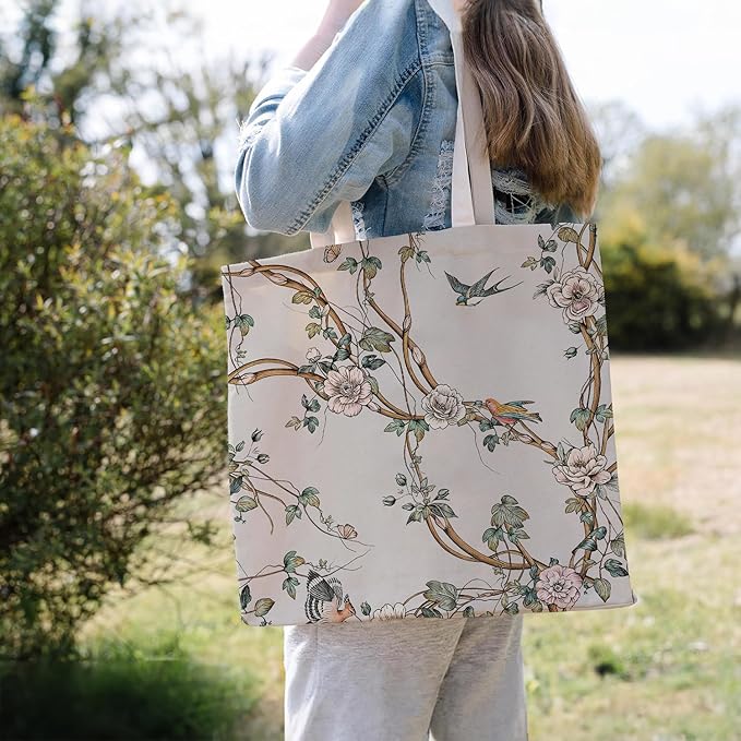 Animals-Flowers-Fruits-Bow Valentines Canvas Heart Tote Bag, Coquette Reusable Shopping Grocery Bags