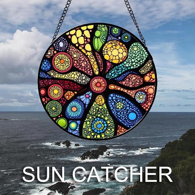Stained Glass Window Hanging Colorful Abstract Plants Large 11.8" - Retro Boho Suncatcher Door Garden Sun Catcher Home Decor Birthday Christmas for Mom Men Woman Nana