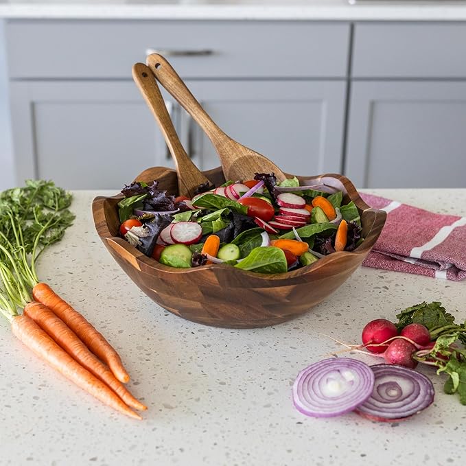 Wood Salad Bowl with Serving Utensils - Large Scalloped Decorative 12" Acacia Wooden Mixing Bowls Set with Spoons - Handcrafted Farmhouse Kitchen Serveware for Fruit, Pasta, Snacks and Home Decor