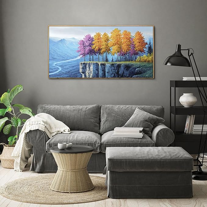 yiijeah Modern Wall Art - Landscape Wall Decor Living Room Bedroom Purple Tree Mountains and Rivers Printings Canvas Picture Framed Artwork for Walls Relaxed Office Home Decoration