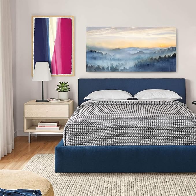 Wall Decor for Living Room Sunrise Misty Forest Print Picture Paintings Wall Art for Bedroom Bathroom Framed Large Canvas Artwork Modern Room Wall Decorations Size 60x30 inches Ready to Hang