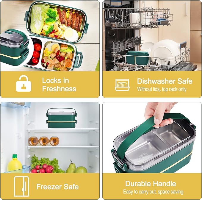 Stainless Steel Bento Box for Adults&Kids,Japanese Leakproof Lunch Box Divided Food Meal Storage Containers Set Stackable 2 Layer for Children School Picnic Green