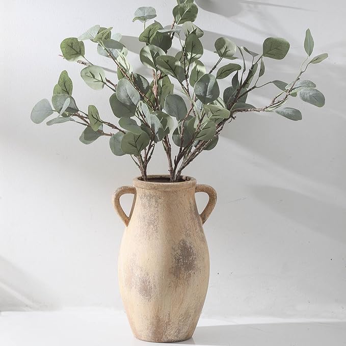 Large Ceramic Vase,11.3 inch Tall Farmhouse Flower Vase with 2 Handles,Terracotta Decorative Flower Vase for Home Decor, Living Room Entryway Table Centerpiece Decor