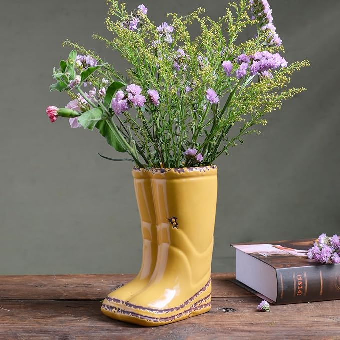 Quoowiit Ceramic Rustic Farmhouse Boot Vase, Yellow Distressed Flower Vase for Home Decor, Decorative Vases for Centerpiece Table Decorations, Vases for Living Room Kitchen Entryway Mantle Shelf Decor