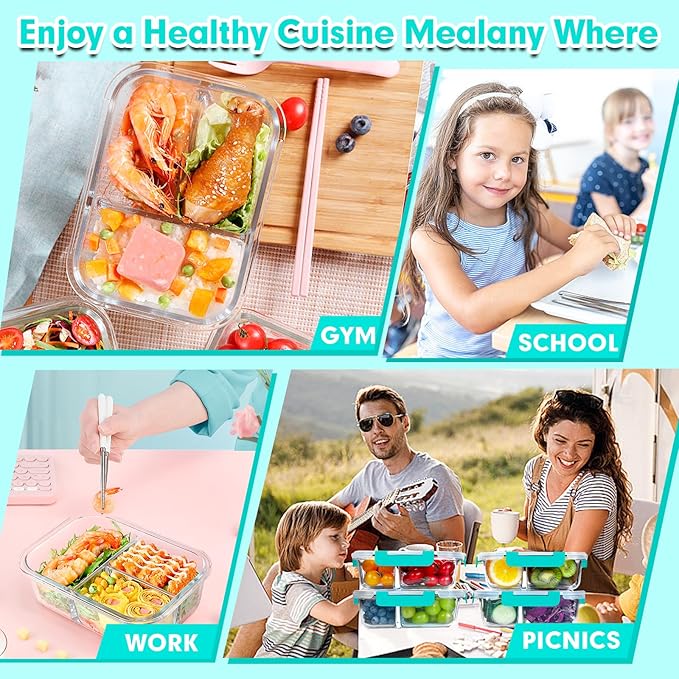 VERONES 5 Pack Glass Meal Prep Containers 3 Compartment Set, 36OZ Airtight Glass Lunch Containers, Glass Food Storage Containers with Lids, for Microwave, Oven, Freezer & Dishwasher Friendly,Green