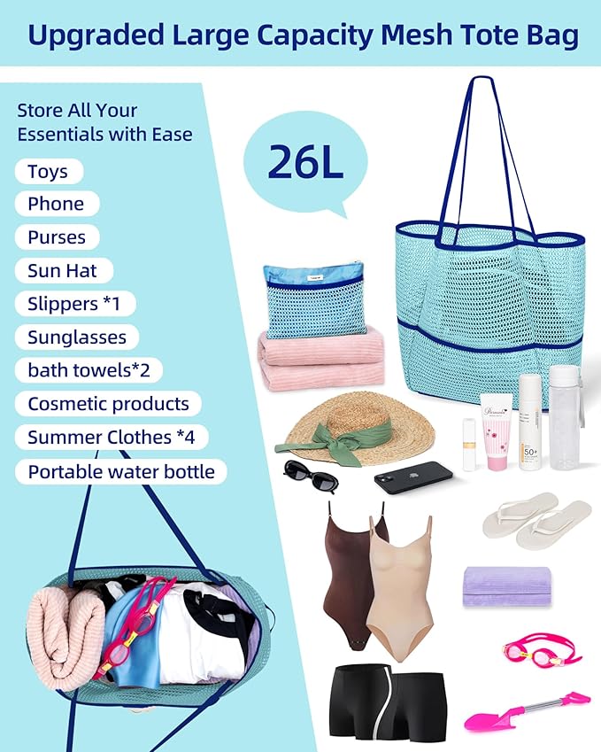 Mesh Beach Tote Bag Packable,2025 New 2-in-1 Large Lightweight Foldable Beach Bags with Multiple Pockets for Women