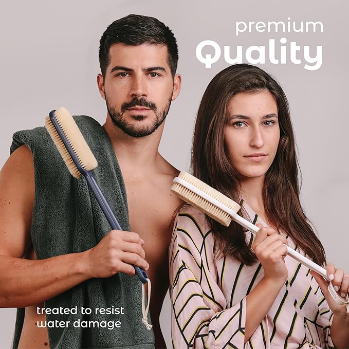 MainBasics Back Scrubber for Shower – Long Handle Dual-Sided Brush for Body Wash & Scrubbing with Exfoliating & Soft Bristles (White, Plastic)