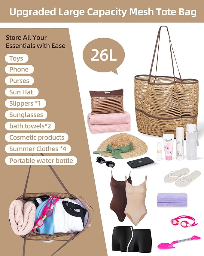 Mesh Beach Tote Bag Packable,2025 New 2-in-1 Large Lightweight Foldable Beach Bags with Multiple Pockets for Women