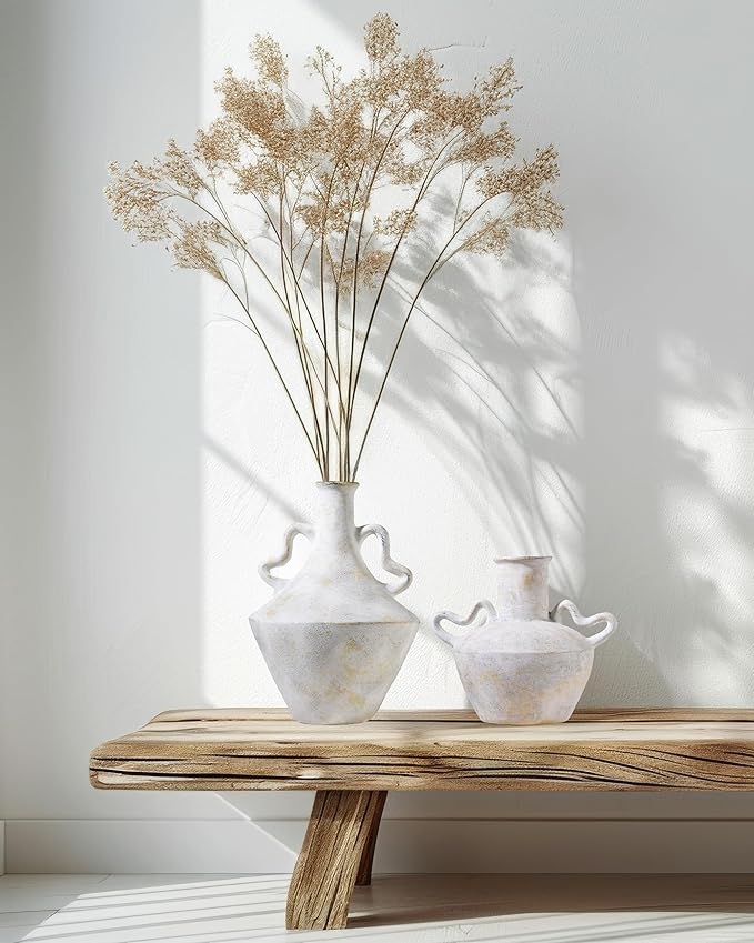 UPWOIGH Ceramic Flower Vase, 14 inch Tall Off-White Farmhouse Rustic Vase, Handcrafted Weathered Handles Pottery Vases, Large Flower Terracotta Vases for Home Decor, Living Room, Table, Shelf