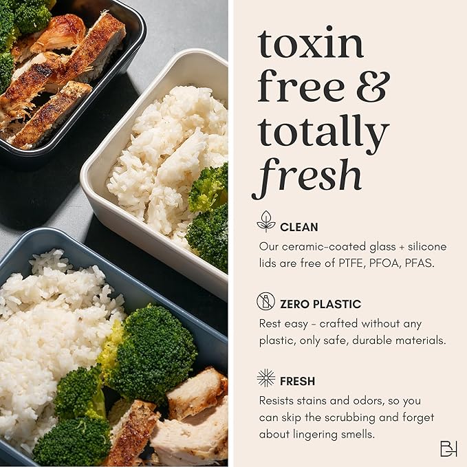 Ceramic Coated Glass Food Storage Containers | No PTFE, PFOA, PFAS, and BPA | Reusable Non Toxic Meal Prep Containers with Glass Lids | Easy To Store | 10 Piece Set [Pine]