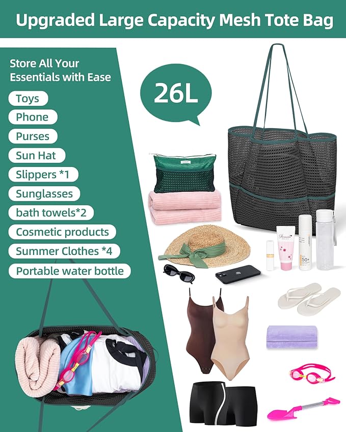 Mesh Beach Tote Bag Packable,2025 New 2-in-1 Large Lightweight Foldable Beach Bags with Multiple Pockets for Women