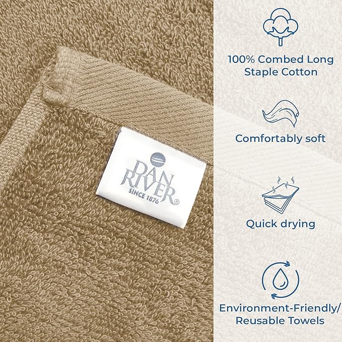 DAN RIVER Bath Towels Set of 4, 27 x 54 Inches, 100% Cotton, Larger & Lighter Weight, Quicker to Dry, Super Soft and Absorbent, Ideal Tan Bath Towels for Daily Use