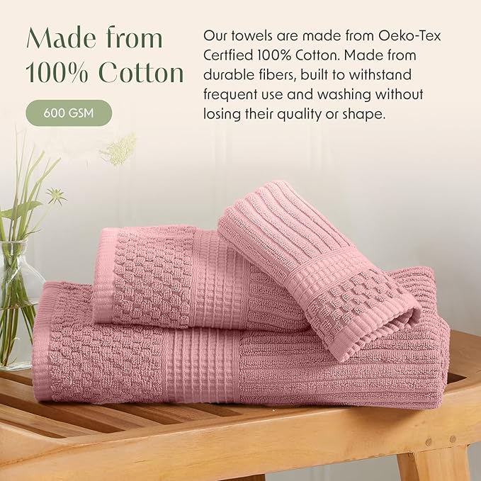 Springtree Home 100% Cotton Bath Towel Set | 6 Piece Set | Absorbent & Quick-Dry Bath Towels | Textured and Durable Cotton | Krista Collection - Bridal Rose