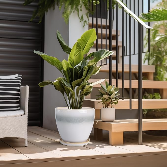 Ceramic Planter - 10 Inch Plant Pot with Drainage Hole and Plant Saucer, Round Decorative Large Flower Pots Indoor Outdoor, Home Patio Porch Room Decor, Birthday Gifts, White-Grey