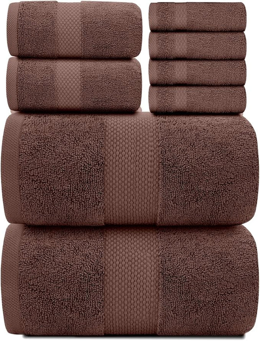 White Classic Luxury Bath Towel Set of 8 Pieces - 100% Turkish Cotton Highly Absorbent Towels for Bathroom, 2 Luxury Bath Towels 700GSM, 2 Hand Towels, 4 Washcloths, Brown