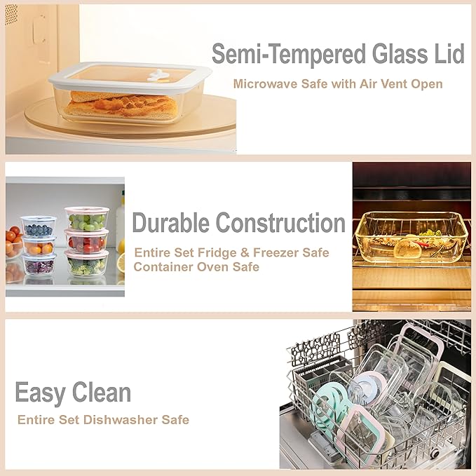 Urban Green Glass Food Container Set with Glass Lid, 4 Pack, Meal Prep Containers with Silicone Framed Airtight Lid, Leakproof, 100% Plastic Free,