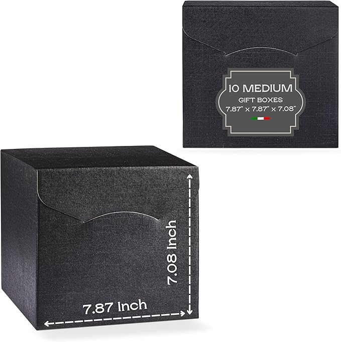 Pack of 10 Gift Boxes for Presents (7.87 x 7.87 x 7.08 inch) - Ideal for Christmas, Wedding and Graduation - Black Silk