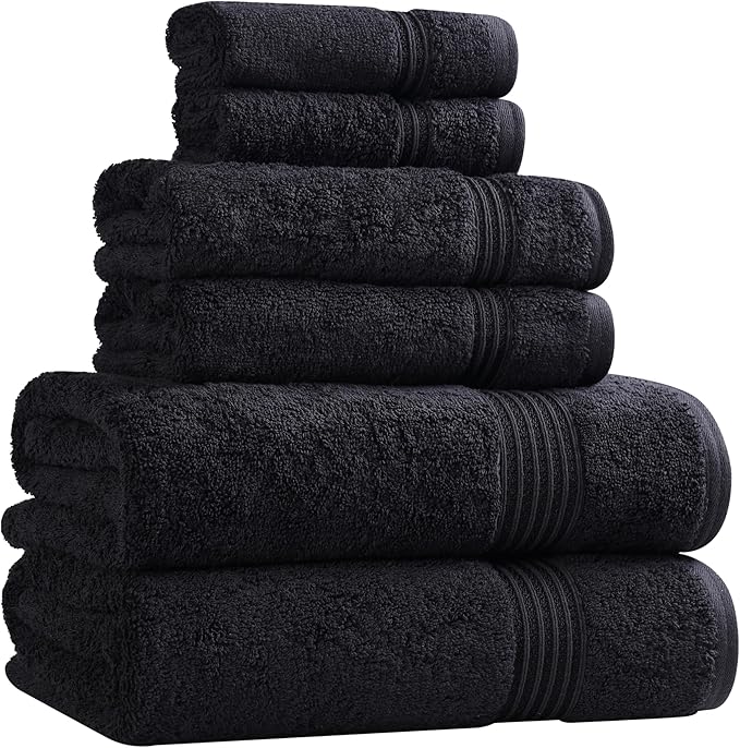 Superior Egyptian Cotton 6-Piece Towel Set, Bathroom Essentials, Towels For Bathroom, Apartment, Airbnb, Guest Bath, Face, Hand, Bath Towels, Washcloths, Absorbent, Fast Drying, Black