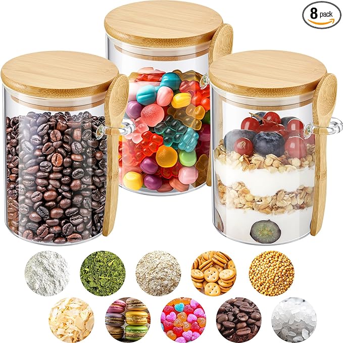 Tessco for you 8 Pack Sugar Jar Glass Container with Spoon Clear Glass Jars with Bamboo Lid and Spoon Scoop for Women Christmas Kitchen Gift Coffee Beans, Spice, Sugar, Nuts, Candy, Salts (17 oz)