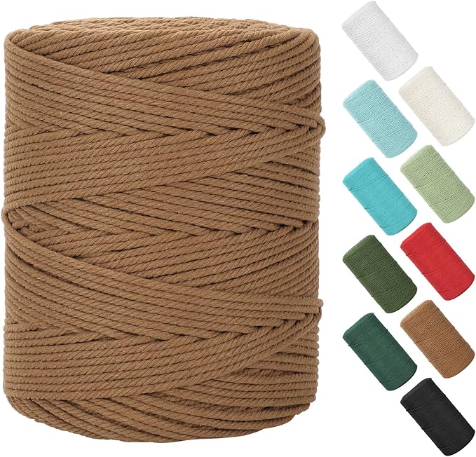 Macrame Cord 4mm x 380Yards (1140Feet), Natural Cotton Macrame Rope - 4 Strands Twisted Macrame Cotton Cord for Wall Hanging, Plant Hangers, Crafts, Gift Wrapping and Wedding Decorations, Caramel