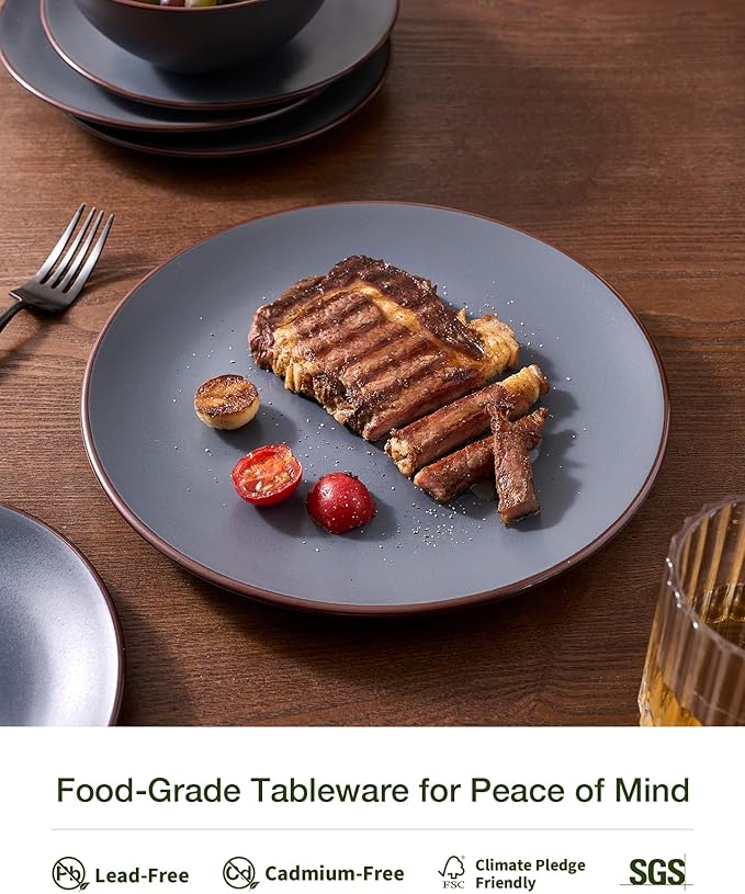 Famiware Venus Plates and Bowls Sets, 12 Pieces Stoneware Speckled Dinnerware Sets, Dishes Set for 4, Microwave and Dishwasher Safe, Matte Charcoal