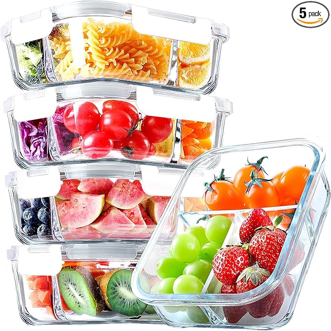 VERONES 5 Pack Glass Meal Prep Containers 3 Compartment Set, 36OZ Airtight Glass Lunch Containers, Food Storage Containers with Lids, for Microwave, Oven, Freezer & Dishwasher Friendly,White