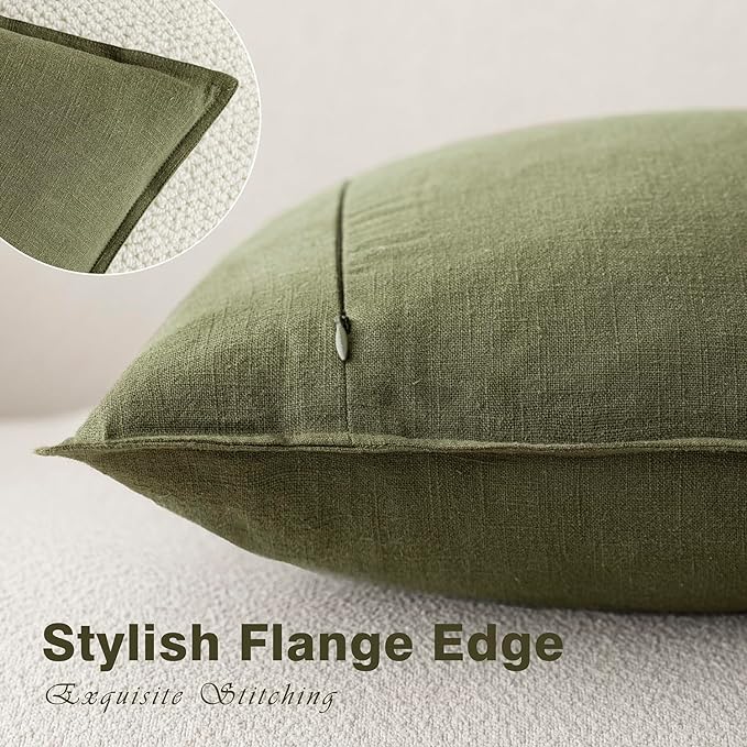 Foindtower Pack of 2, Decorative Linen Soild Throw Pillow Covers Soft Accent Cushion Case Boho Farmhouse Pillowcase for Chair Couch Sofa Bedroom Living Room Home Decor 18 x 18 Inch Olive Green