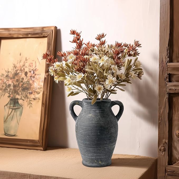 Sunddo Black Vases Home Decor, Rustic Farmhouse Ceramic Vase with 2 Handles, Vintage Stone Pottery Decorative, Living Room, Shelf Enterway, Wedding, Table Decor