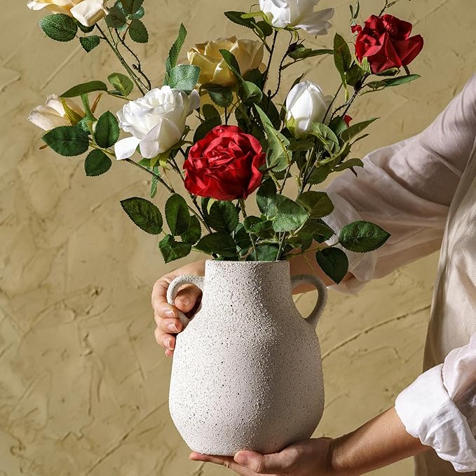 Vintage Farmhouse Flower Round Ceramic Vase with 2 Handles, Rustic Pampas Grass Vase, White Modern Decorative Flower Ceramic Vase for Home Decor, Table, Living Room Decoration, Office, 7.7 Inch