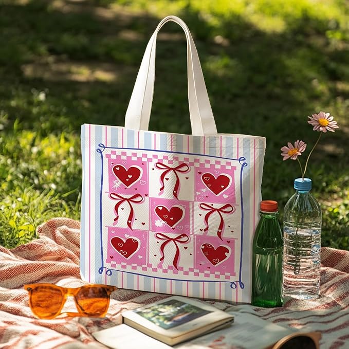 Animals-Flowers-Fruits-Bow Valentines Canvas Heart Tote Bag, Coquette Reusable Shopping Grocery Bags