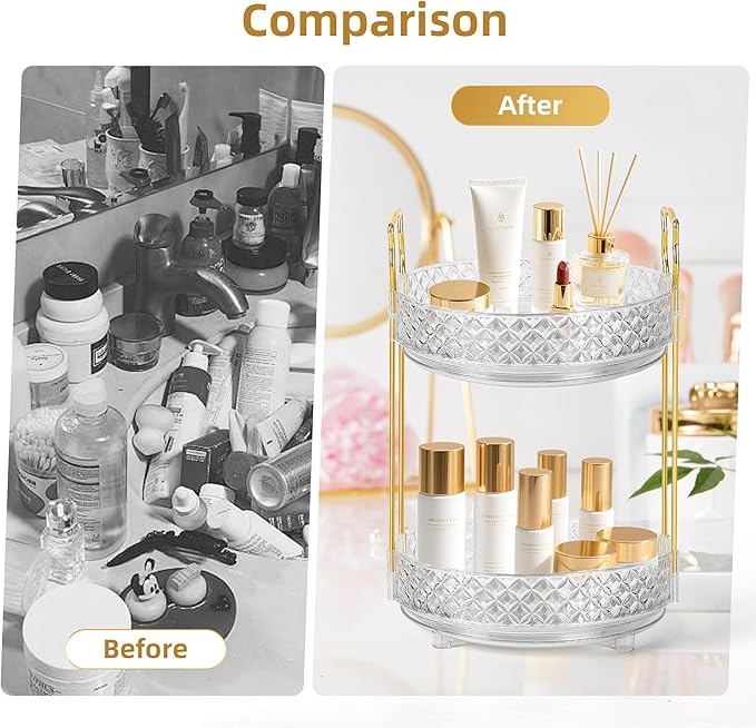 360 Rotating Makeup Organizer for Vanity, 2Tier Adjustable Perfume Organizer for Dresser, Multi-Function Spinning Cosmetics Skincare Storage for Bedroom, Dresser, Countertop, Clear