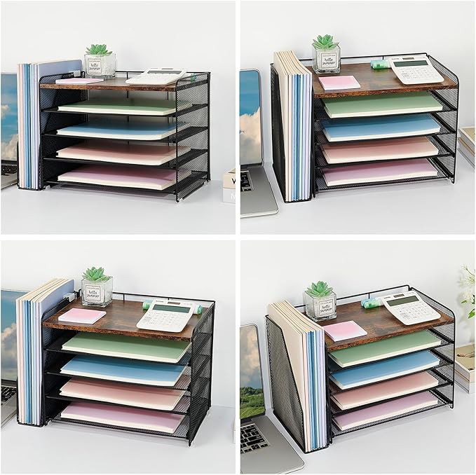 OPNICE 5-Tier Paper Organizer with Magazine Holder, Desk Organizers and Accessories, Office Desk Accessories & Workspace Organizers, Desktop File Organizer for Office Supplies Storage, Brown