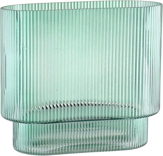 Green Glass Vase, Ribbed Glass Vase for Flowers, Flower Vases for Bouquet, Fluted Glass Vases, Modern Vase for Living Room, Dining Room, Bathroom, Desk, Shelf, Wedding, Office, 7 Inches