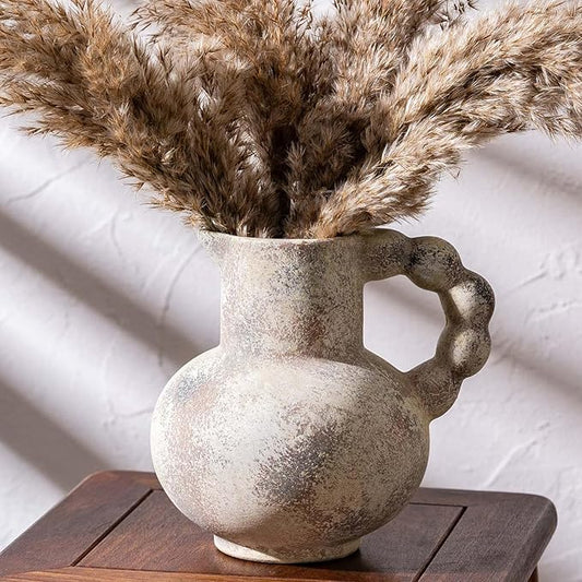 Antique Flower Ceramic Vase with Handle, Vintage Pitcher Terracotta Vases, Boho Decor Farmhouse Stone Pottery Vases, Rustic Decorative Vase for Home Decor, Table, Living Room, Mantel, Wedding 6.9 Inch