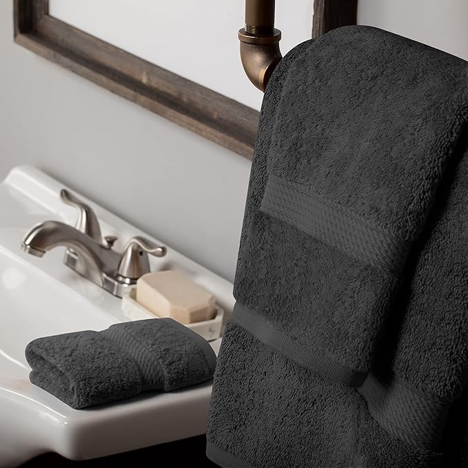 BLUENILEMILLS Buckingham Egyptian Cotton 3-Piece Towel Set, Washcloths, Hand Towels, Bath Towels, Charcoal