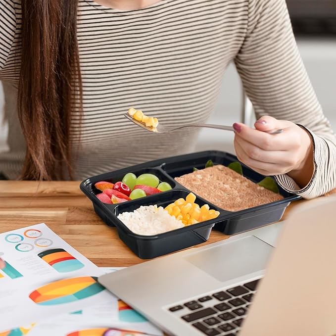 GUSTO [24 oz - 50 Count 3-Compartment Meal Prep Containers with Lids – Reusable, Microwaveable, Dishwasher & Freezer Safe, BPA-Free Food Storage Boxes for Portion Control (Formerly Comfy Package)