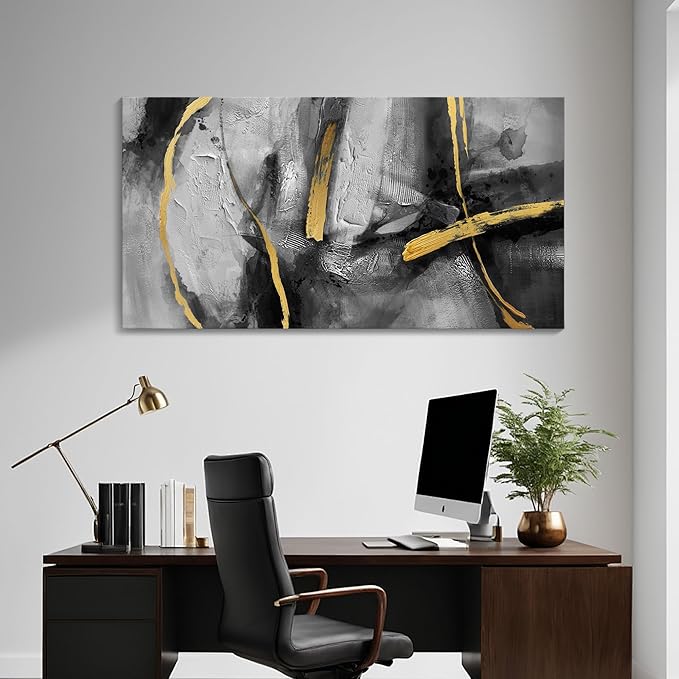 Large Canvas Wall Art Decor - Abstract Black and Gray Wall Pictures Living Room Hand-Painted Dream Painting Golden Canvas Prints as Bedroom Kitchen Dining Room Cafe Home Decor 24X48 In