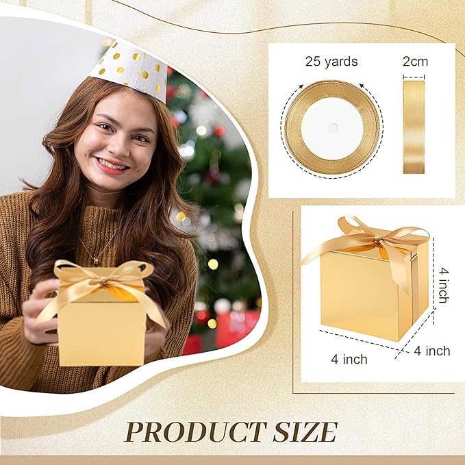 48 Pcs Christmas Gift Boxes with Ribbon Small Party Favor Boxes with Lids Mini Treat Candy Container for Wedding, Party, Birthday, Valentine's Day and More(Gold,4 Inch)