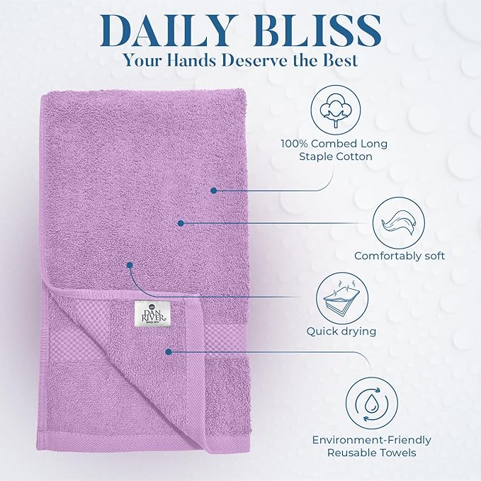 DAN RIVER 6-Pack Premium Hand Towels (16x28 Inches) - 100% Cotton, Ultra Soft, Lightweight, Highly Absorbent Towels for Bathroom, Spa, Gym, Salon, Hotel, and Travel - 550 GSM - Lavender