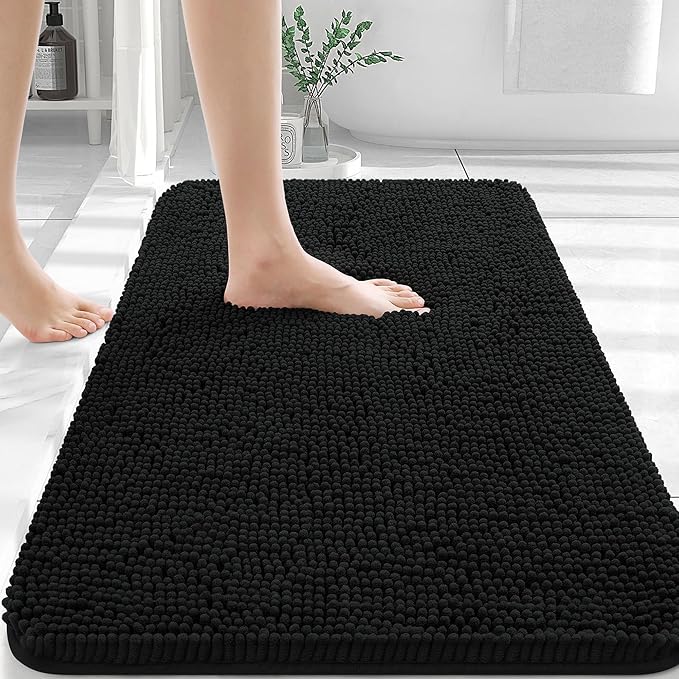 OLANLY Bathroom Rugs 32x20, Extra Soft Absorbent Chenille Bath Rugs, Rubber Backing Quick Dry, Machine Washable Bath Mats for Bathroom Floor, Tub and Shower, Home Decor Accessories, Black