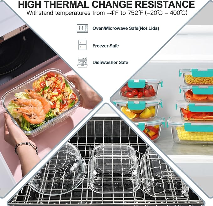 KAMOTA Glass Food Storage Containers, Green Glass Meal Prep Containers, Airtight Containers with Snap-Lock Lids, Set of 12, for Microwave/Oven/Freezer/Dishwasher