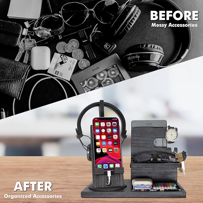 Gift for Men Nightstand Organizer with Headphone Stand & Rotating Phone Stand, Stylish Headphone Holder to Keep Desk Accessories for Men Organized, Unique Dad Birthday Gift, Gifts for Boyfriend