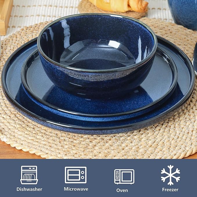 Vicrays Ceramic 12 Pieces Dinnerware Set - Dinner Plates Salad Plates Cereal Bowls Set Service for 4 - Scratch Resistant Microwave Oven Dishwasher Safe - Blue