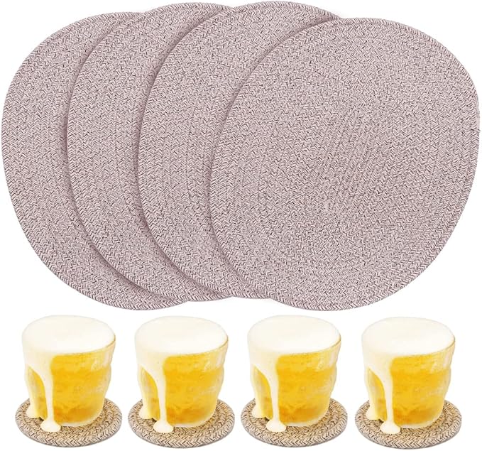 4 Pack Oval Woven Placemats, Mix Brown Cotton Plate Chargers with 4 Pack Round Coasters, Thick Heat Insulation Mats Household Table Mats Braided Bowl Mats Fabric Rustic Placemats for Dining