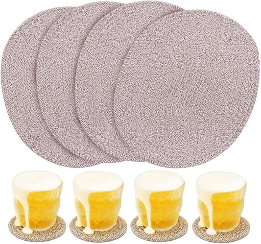 4 Pack Oval Woven Placemats, Mix Brown Cotton Plate Chargers with 4 Pack Round Coasters, Thick Heat Insulation Mats Household Table Mats Braided Bowl Mats Fabric Rustic Placemats for Dining