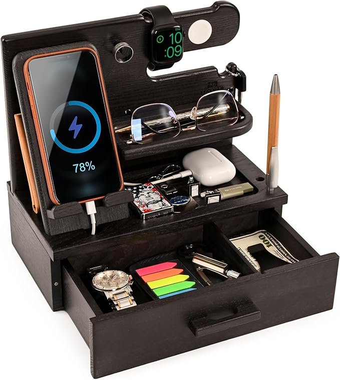 TESLYAR Wood Phone Docking Station with Drawer - Nightstand Organizer - Desk Organizer for Husband - Birthday Gifts for Men, Dad, Anniversary Idea, Key Holder Stand Watch & Accessories (Granite Black)