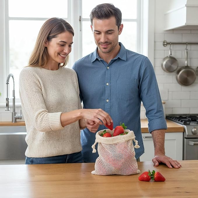 9 PCS Reusable Vegetable Produce Bags Cotton Mesh Vegetable Bags for Refrigerator Potato Storage Bag Reusable Double Stitched with Drawstring Produce Bag for Vegetables Fruit Grocery Shopping(3 S/M/L)