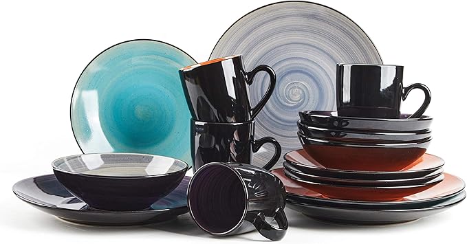 Sonoma 16 Piece Stoneware Dinner Set, Samoa, Outside Black + Inside Hand painted Combi Colors of Grey, Orange, Purple and Turquoise) with speckle