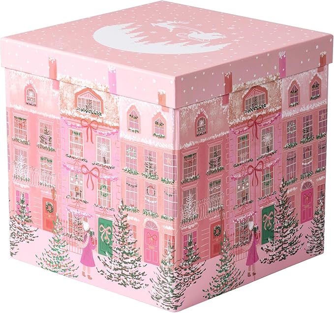 RUSPEPA Christmas Gift Box with Lid, Pink Holiday Townhouse Design with Santa Sleigh Lid, Medium Collapsible Holiday Box with Ribbon, Tissue Paper for Gift Wrapping, Candy Storage, 9x9x9 Inches, 1 Pcs